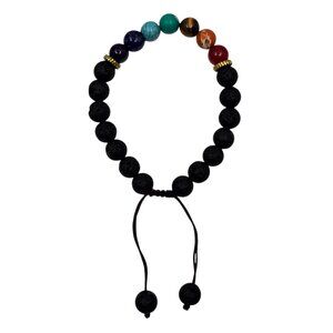 Black Lava Stone & Chakra Bead Adjustable Bracelet 8MM Beads Yoga NEW